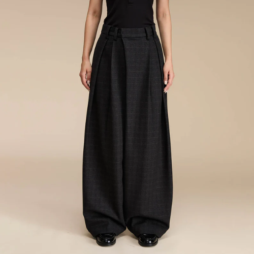 OPICLOTH Plaid Crinkled Wide-Leg Trousers